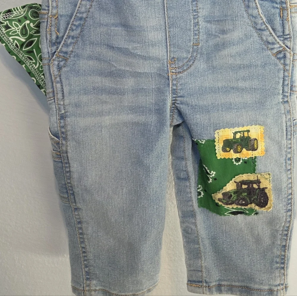 OshKosh B'gosh NWOT Blue Denim Overalls John Deer Green Tractor Patches 12 Month - Picture 8 of 10
